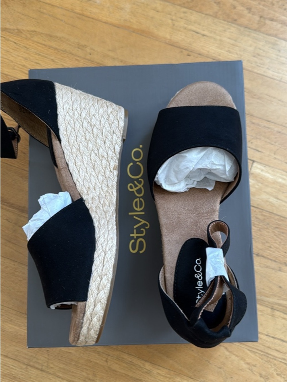 Style & Co. Black Suede Espadrille Wedge Sandals with Ankle Strap - Picture 4 of 7